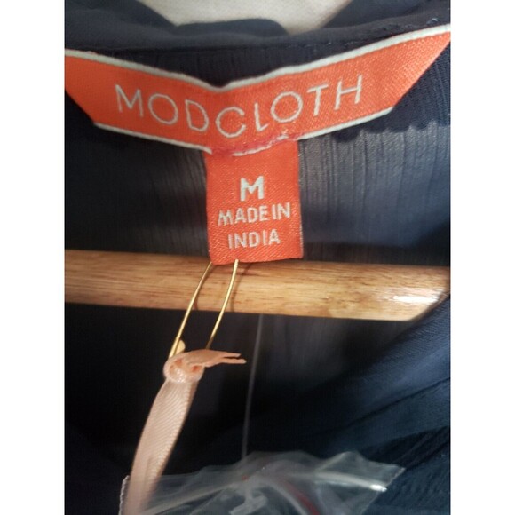 Modcloth Blouse Women's Medium Navy Blue Chiffon Beaded Collar Sheer Top NWT - Picture 2 of 12